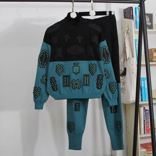 Autumn Fashion Patchwork Knitted Tracksuit Outfits Women Loose Casual Long Sleeve Knit Pullover Sweater Pencil Pants Set Female