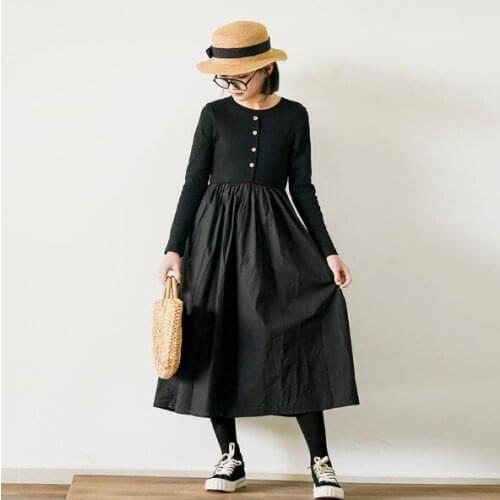 Girls Dress Spring New 2021 Black Button Patchwork Kids Clothes Cotton Children Pleated Baby Girl Midi Length Clothing Adult
