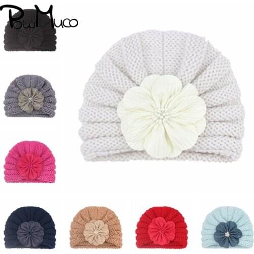 Powmuco Toddler Comfortable Warm Knitting Striped Hats Cute Handmade Flowers Baby Girls Caps Infant Headwear Birthday Gifts