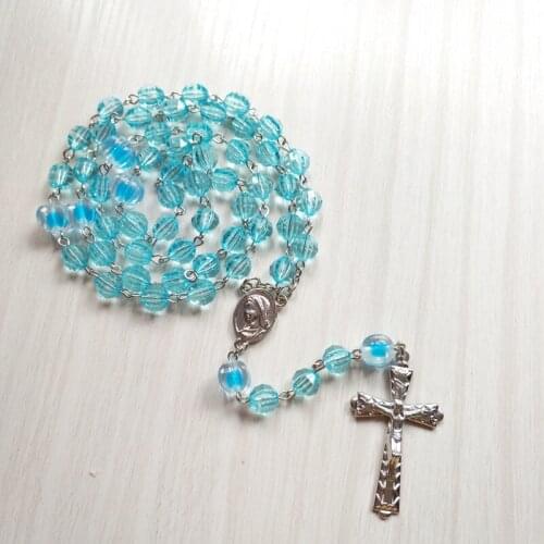 QIGO Catholic Jewelry Long Blue Acrylic Cross Rosary Necklace For Men Women Gifts