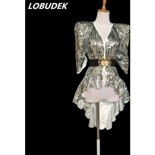 Silvery sequins Tailing costumes Punk style Tuxedo performance clothing swallow-tailed coat Dance troupe Jazz show stage Outfits
