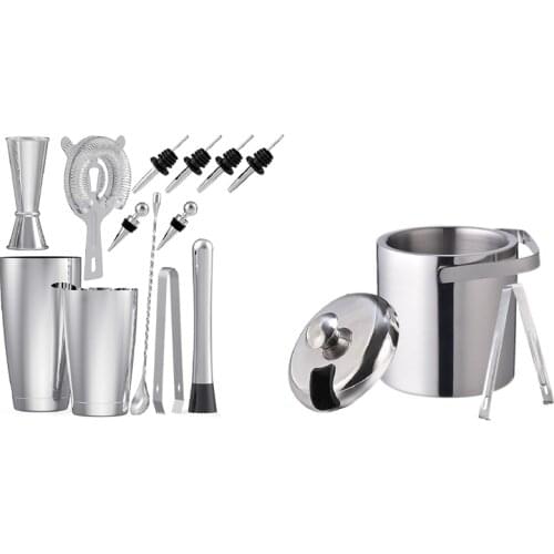 Ice Buckets with Stainless Steel Ice Tongs,Double Wall Ice Bucket with Lid & Boston Cocktail Shaker Bar Set Tools