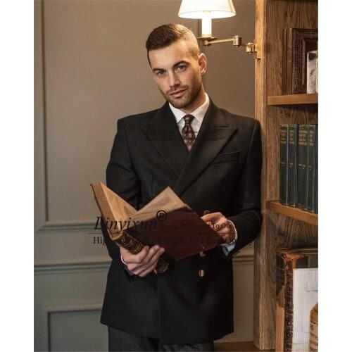 Vintage Navy Blue Mens Suits Italian Style Slim Fit Formal Business Blazer Groom Wedding Tuxedo 3 Pieces Set (Jacket+Vest+Pants)