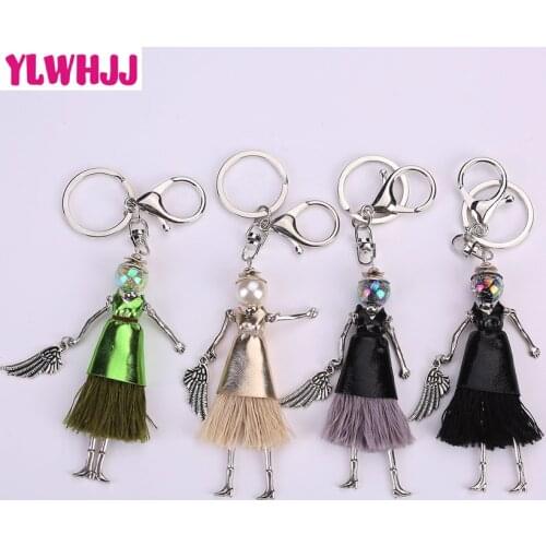 YLWHJJ brand women tassel leather doll cute black bag keychain pendant girl baby car key chains wings fashion statement jewelry