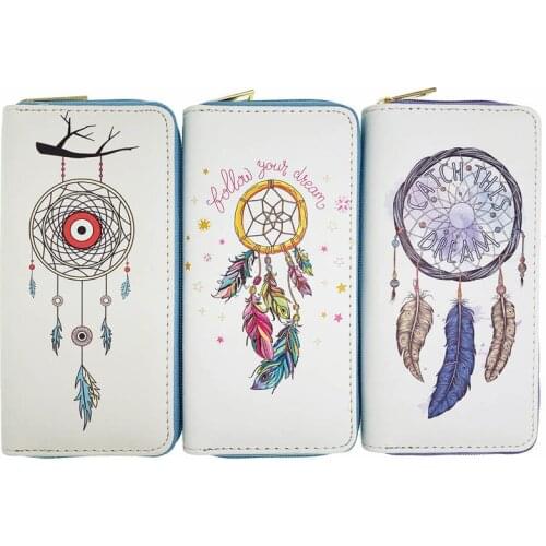 KANDRA Dreamcatcher Printing Long Wallets Women Zipper PU Leather Credit Card Phone Holder Brand Cash Girls Clutch Purses Murse