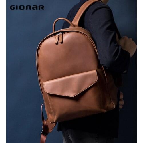 GIONAR Genuine Crazy Horse Leather Backpacks Women Men Unisex Designer Bag School Back Pack Purse 14 15 Inch Laptop Mochila