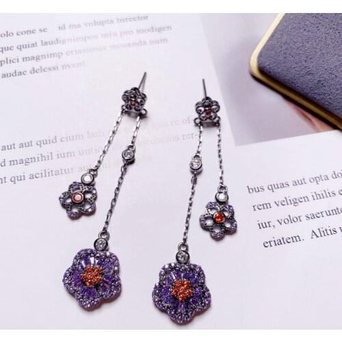 Bilincolor Cubic Zircon Purple Small Flower Tassel Drop Earrings for Women