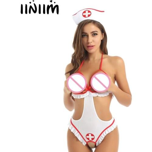 Womens Adult Fantasy Nurse Cosplay Roleplay Sissy Lingerie Set Open Cups Crotchless Tie-on Bodysuit with Headband
