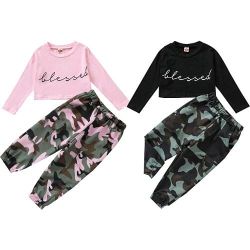 1-6Y Fashion Baby Girls Clothes Sets 2021 Autumn Kids Letter Print Long Sleeve T-shirt Crop Tops + Pocket Camouflage Pant Outfit