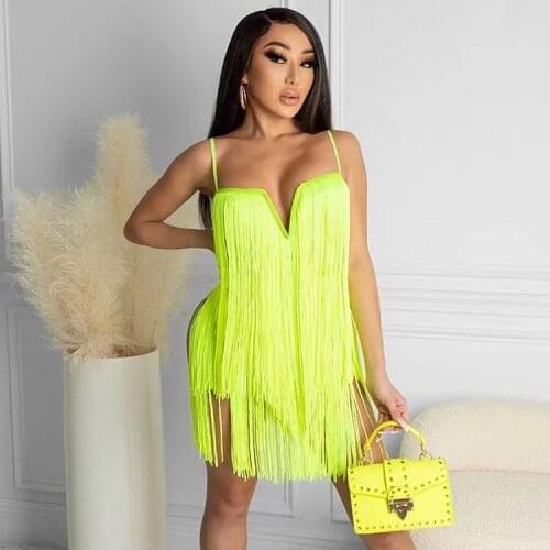 2021 New Arrival Famous Brand Dress Solid Tassel Spaghetti Strap Summer Sexy Club Mini Dress Vestidos
