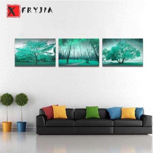 3pcs diamond painting Wall Art Teal Green Tree Forest Triptych Landscape diamond embroidery,full drill,square round diamond