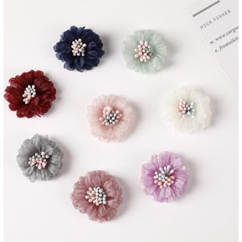 30pcs Mini Hair Chiffon Blossom Flowers with stamen For Kids Hair Accessories Artificial Fabric Flowers For Headbands