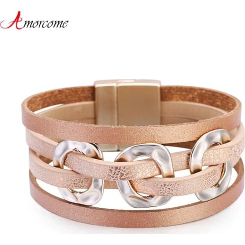 Amorcome Simple Geometric Round Metal Charm Leather Bracelets Bohemian Multi-layer Wrap Bracelet with Magnet Clasp Jewelry 2021