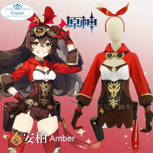 COSSUN Anime Genshin Impact Amber Game Suit Lovely Dress Uniform Cosplay Costume Halloween Party Outfit For Women Girls New 2020