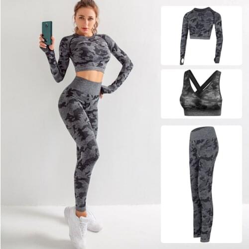 3Pcs Seamless Yoga Set Women Workout Sportswear Gym Clothing Fitness Long Sleeve Crop Top High Waist Leggings Sport Bra Suits