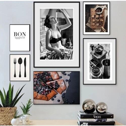Kitchen Decor Pizza Coffee Posters Bon Appetit Print Black and White Woman Wall Art Canvas Painting Picture For Dining Hall Home