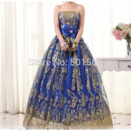 Freeship blue golden sequins embroidery beading long bow knot vintage medieval dress Renaissance princess costume Victorian
