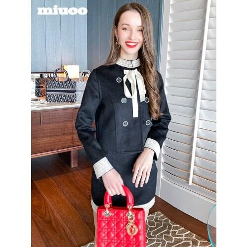 Stand collar butterfly lace up double breasted jacket+High waist A Double faced tweed suit half skirt spring High Top Quality