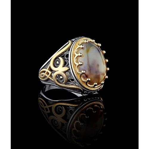 Ethnic 925 Sterling Silver Mens Rings with Natural Agate Stone Rings for Men