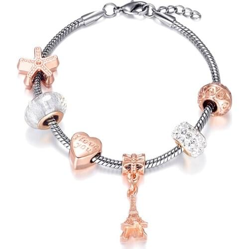 Classic Charm Bracelet For Women Rose Gold Love Tower Pendant I Love You Beads Brand Bracelet Jewelry Gifts Dropshipping