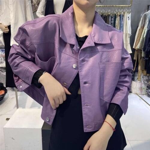 Fashion Purple Batwing Sleeve Loose Fake Washed PU Leather Jacket Long sleeve Short Spring Autumn Korean Motorcycle Biker Jacket