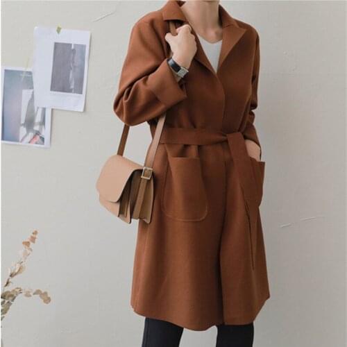 Winter Coat Women Long Sleeve Elegant Lapel Belted Long Woolen Outwear Coats 2020 Autumn Streetwear Casual Overcoat