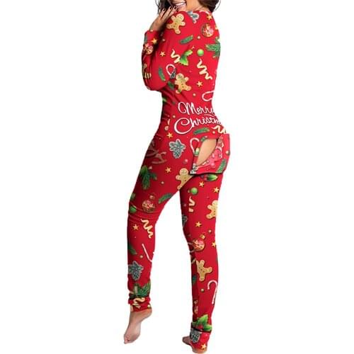 Sexy Women Christmas Cutout Functional Buttoned Flap Adults Pajamas Club Button Design Plunge Lounge Jumpsuit