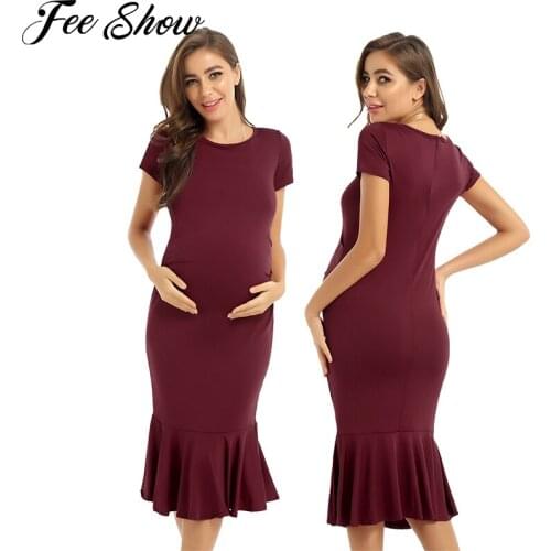 Mermaid Maternity Dress Short Sleeves Ruched Sides Flared Dresses Pregnant Women Pregnancy Sexy Ruffle Hem Bodycon Midi Dress