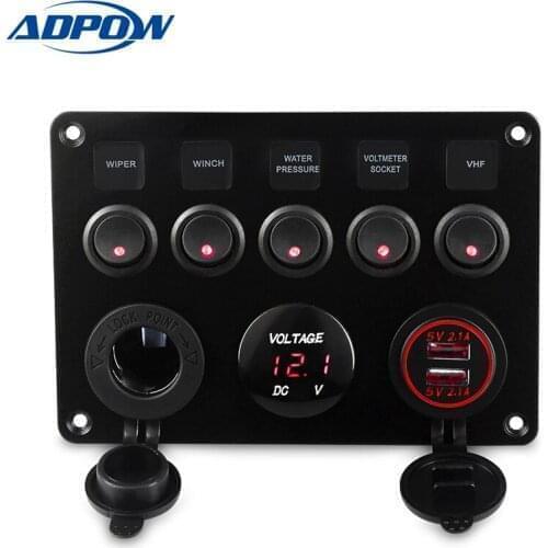 12V Cigarette Lighter Splitter for Car Boat Marine Truck Dual USB Socket Charger LED Voltmeter 5 Gang ON-OFF Toggle Switch Panel