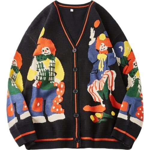 Christmas Knitted Sweater Men Women Cardigan Oversized Streetwear Knit Jumper Funny Clown Print Cotton Mens Harajuku Knit Coats