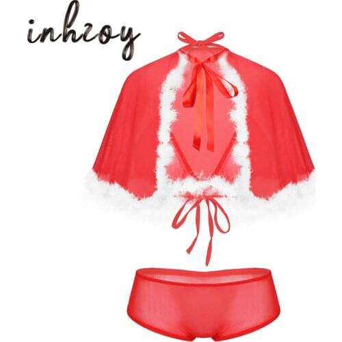 Sexy Christmas Lingerie 2020 Red Sheer Mesh Lace Straps Bra with Briefs Cape Erotic Sets Santa Cosplay Festival Rave Xmas Outfit