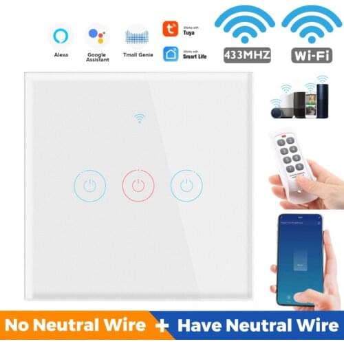 1/2/3/4 Gang TUYA WiFi 433MHZ Smart Touch Wireless Light Switch Home Wall Button Glass Panel For Alexa Google Home Assistant EU