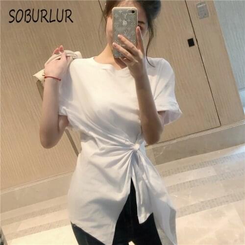 SOBURLUR Summer Tunics Design sense Womens T-Shirts Crop Top Woman Clothing Female Irregular Oversize White T Shirt Loose Tees