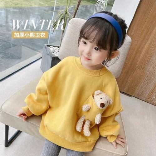 Cute Little Girls Cartoon Bear Patchwork Sweatshirt Autumn and Winter Long-sleeved Fleece Pullover Sweater 1-8Y