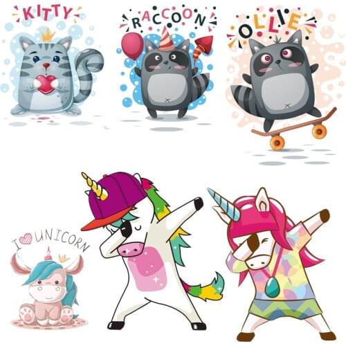 Lovely Cat Thermal Transfer Sticker On Clothes Cartoon Unicorn Patch Iron On Patches For Clothing DIY Washable T-shirt Appliques