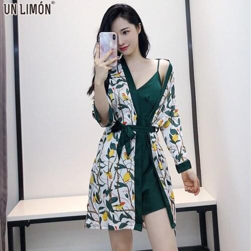 UNLIMON Women Stain Pajamas V Neck Dress Long Sleeve Robe Sleepwear Sets