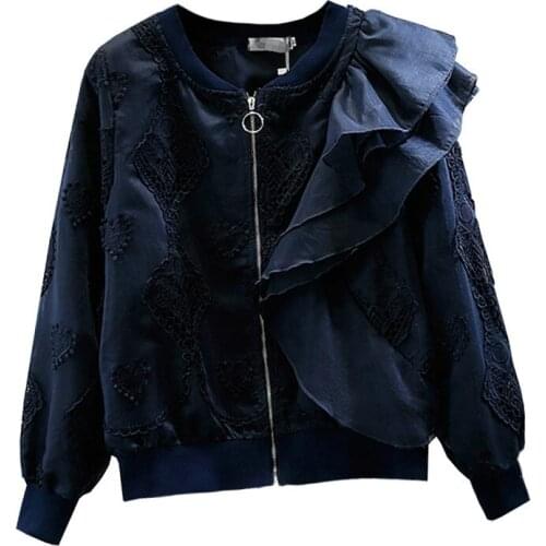 Women Single-Side Ruffled Jacket Round Neck Crocheted Cutout Lace Stitching Mesh Zipper Coat Spring Autumn Mujer Chaqueta