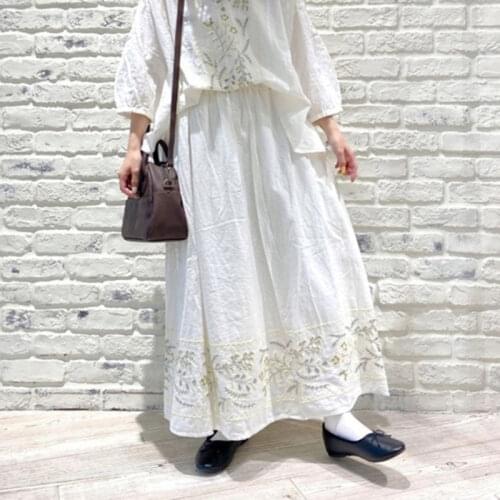 Johnature Japanese Embroidery Floral Summer Women Skirts 2021 New Vintage Cotton Linen Elastic Waist 3 Colors A-Linen Skirts