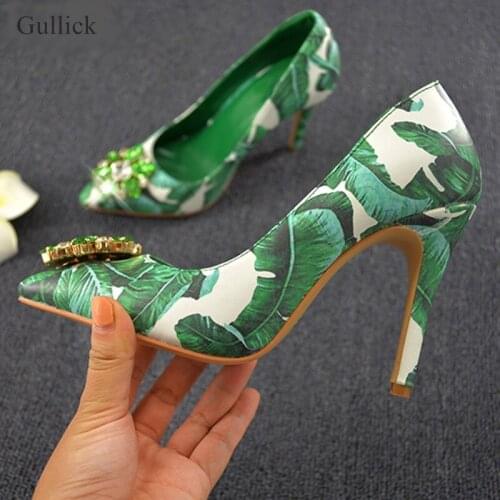 Woman Floral Gem Crystal Green Banana Leafs Printing Pumps Pointed toe Slip-on Stiletto Heel Wedding Dress Heels Shoes