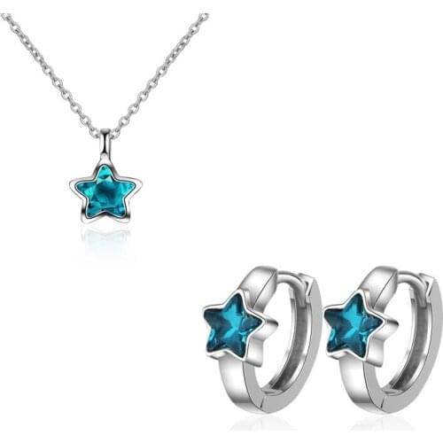 New Fashion 925 Sterling Silver Blue Five-pointed Star Zircon Pendant Necklace+Earrings for Women Choker Jewelry Sets kolye