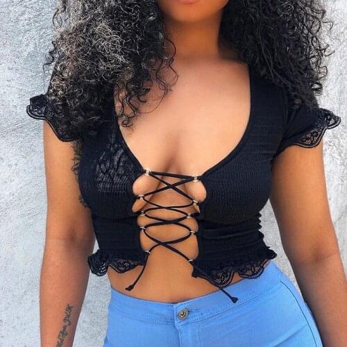 ​Women Rib-knitted Short Top T-shirt Sexy Short Sleeve Cross-Strap Ruffles Top Fashion Summer Hollow-out T-shirt Black Clothes