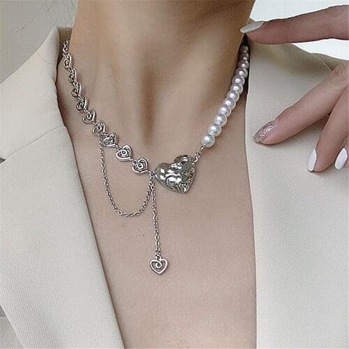 Kpop Style Silver Color Heart Chains Choker Collares Imitation Pearl Beaded Necklaces for Women Korean Fashion Jewelry MS385