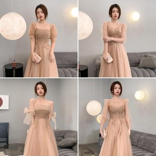 Beauty-Emily 2021 Champagne Fashion Appliques Bridesmaid Dresses A-Line Lace Short Sleeve Wedding Party Da Dama De Honra