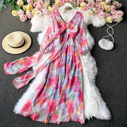 Fashion Chiffon Boho Dress Women Long-sleeved Spring Autumn French Printing Dresses Ladies Sexy V-neck Slim A-line Beach Dress
