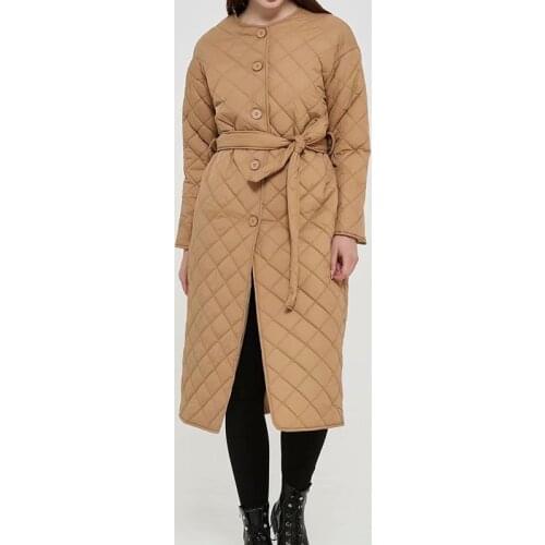 Womens Padded Overcoats With Belt Pajamas Style Long Parka Quilted Rhombic Plaid Coats Autumn Winter Warm Outwear