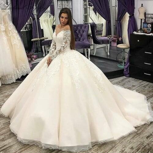 Lceland Poppy Ball Gown Long Sleeves Organza Champagne Wedding Dresses Lace Appliques Vestido de Novia Court Train Bridal Gowns