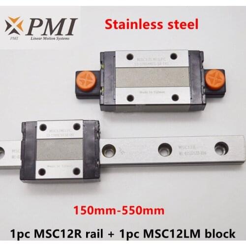 1pc PMI stainless steel linear guide MSC12 200 250 300 330 350 400 450 500 550 mm MSC12R rail + 1pc MSC12LM LLFC block carriage
