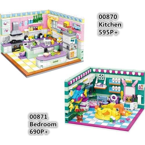 595P+ Creator DIY Assembly Mini Kitchen Block Educational Bedroom Architecture Toy for Children Building Model Brick