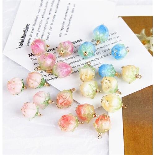 6PCS Handmade Natural Real Flower Dried Flower Pendants Pink Bud Shape Resin Charms Beads with Epoxy Resin Jewelry DIY Earrings