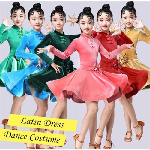 Girls Velvet Latin Dance Dress Full Sleeve Kids Stage Performance Costume Teenager Autumn Winter Ballroom Tango Vestidos Women